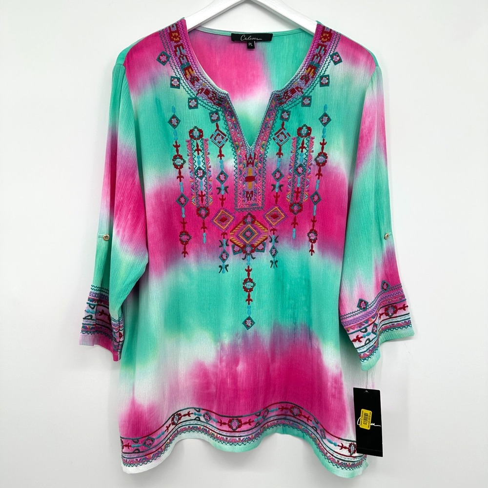 Calessa Top Shirt Size Large Petite Tie Dye Embroidered Festival Maximalist New